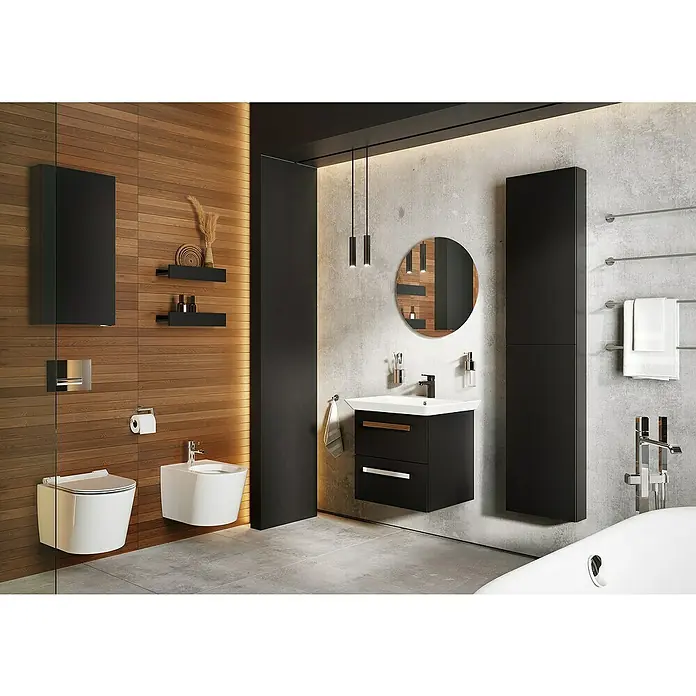 Riva Vulcano Einbauwaschbecken - 61,5 x 51 cm, Weiß - Modernes Badezimmer-Design mit hölzernen Akzenten und eleganten schwarzen Badezimmermöbeln, inklusive wandmontierter Toilette und Bidet.