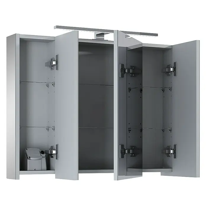 Riva Vulcano LED-Spiegelschrank - 80,6 x 13 x 61,8 cm, Mit Beleuchtung - Ein dreitüriger Spiegelschrank mit Beleuchtung und Glasböden, ideal für jedes Badezimmer. Praktische Aufbewahrungslösung.