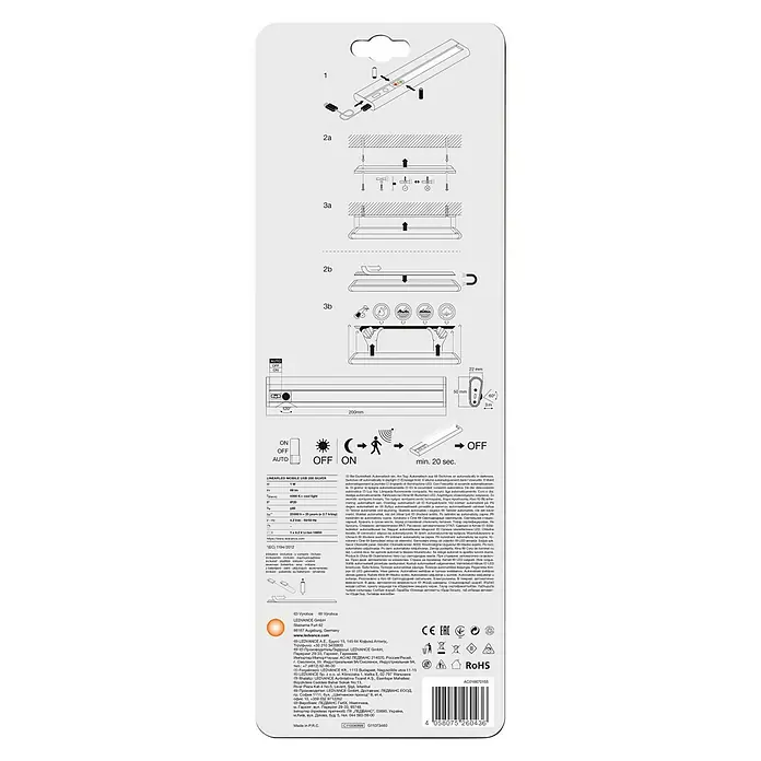 Ledvance LED-Unterbauleuchte - 1 W, Kaltweiß, Länge: 200 mm, Betriebsart: Batteriebetrieben - LINEARLED MOBILE USB 200 SILVER-Montageanleitung. Das Bild zeigt Installationsschritte, Abmessungen und Funktionsdetails.