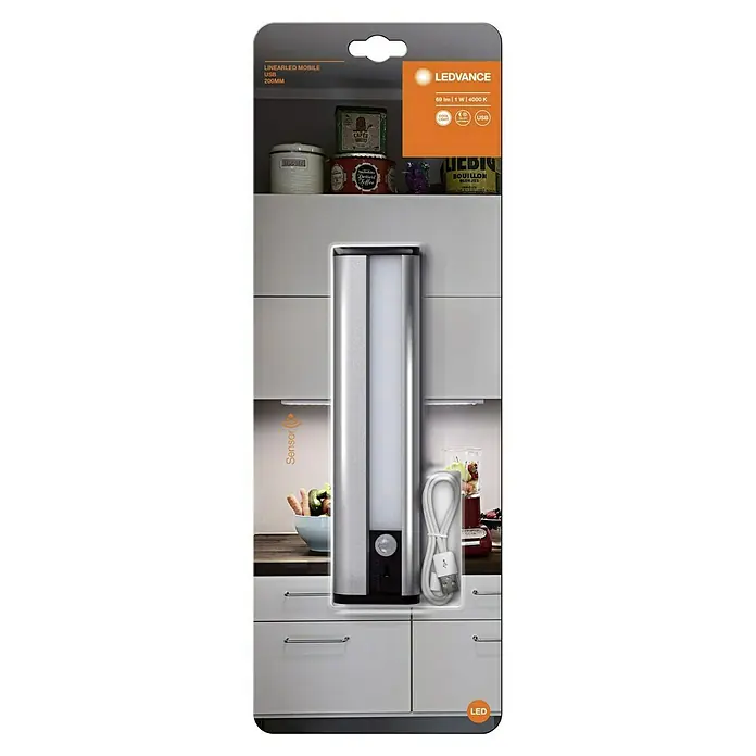 Ledvance LED-Unterbauleuchte - 1 W, Kaltweiß, Länge: 200 mm, Betriebsart: Batteriebetrieben - Eine LEDVANCE LinearLED Mobile USB Lampe in der Verpackung, ideal für die Beleuchtung von Küchen und anderen Innenräumen.