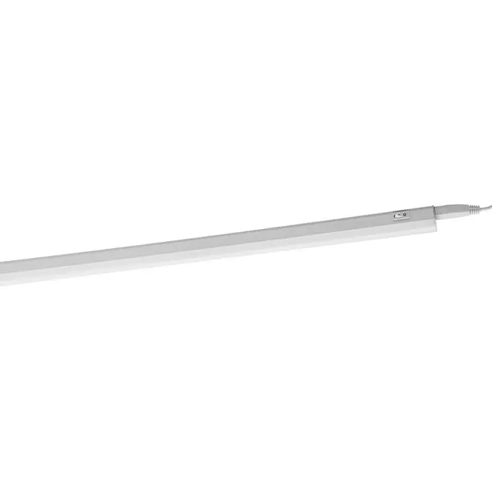 Ledvance LED-Lichtleiste Switch BattenL x B x H: 87,3 x 2,2 x 3 cm, Lichtfarbe: Neutralweiß, 10 W - Das Bild zeigt eine LED-Unterbauleuchte in Silber mit Kabel. Sie eignet sich gut für Küchen oder Arbeitsbereiche.