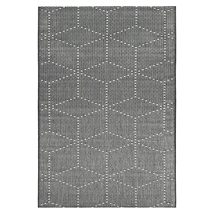 Outdoor-Teppich Planus - Anthrazit, 230 x 160 cm, 100 % Polypropylen - Ein quadratischer, gewebter Teppich mit einem hellen Muster auf dunklem Grund, der eine elegante Textur für jeden Raum bietet.
