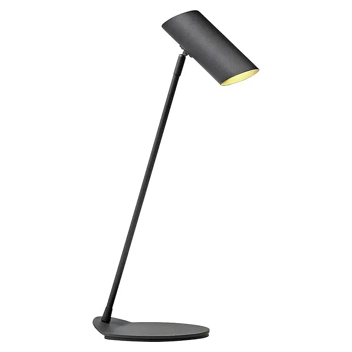 Lucide Tischleuchte Hester - 7 W, L x B x H: 12 x 21,5 x 54,5 cm, Anthrazit, GU10 - Nahaufnahme einer schwarzen Schreibtischlampe mit schlankem Design und gelbem Innenraum auf schwarzem Hintergrund.