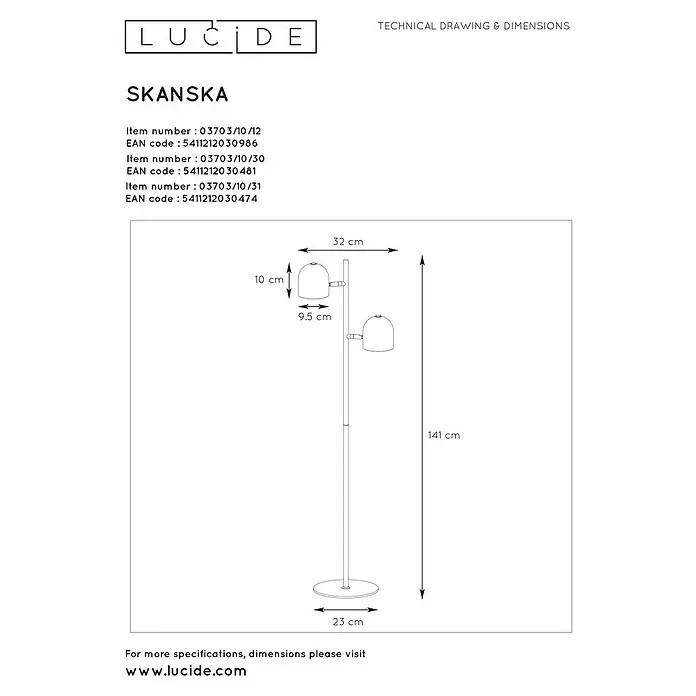 Lucide LED-Stehleuchte Skanska - 10 W, Höhe: 141 cm, Warmweiß, Weiß - Technische Zeichnung der Stehleuchte SKANSKA mit Maßen wie Höhe 141cm und Durchmesser des Fußes 23cm.