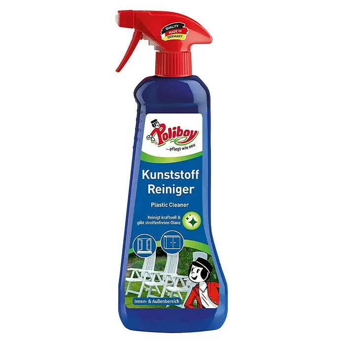 Poliboy Kunststoff-Reiniger - 500 ml, Flasche mit Sprühkopf - Abbildung einer Flasche Poliboy Kunststoff Reiniger. Für die kraftvolle Reinigung und streifenfreien Glanz von Kunststoffen im Innen- und Außenbereich.
