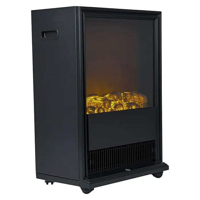 Voltomat HEATING Elektrischer Kamin - 2.000 W, Schwarz, 27,5 x 43 x 62,5 cm - Ein detailliertes Foto eines schwarzen elektrischen Kamins mit sichtbaren künstlichen Flammen und simulierten Holzscheiten.