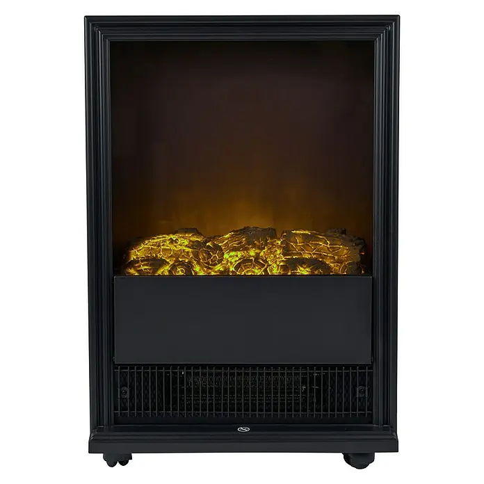 Voltomat HEATING Elektrischer Kamin - 2.000 W, Schwarz, 27,5 x 43 x 62,5 cm - Nahaufnahme eines schwarzen elektrischen Kaminofens mit simuliertem Feuer und einem dekorativen Rahmen.