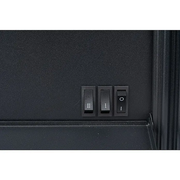 Voltomat HEATING Elektrischer Kamin - 2.000 W, Schwarz, 27,5 x 43 x 62,5 cm - Nahaufnahme eines schwarzen Bedienfelds mit drei Schaltern, beschriftet mit 'II', 'I' und einem Kreis-Strich-Symbol.