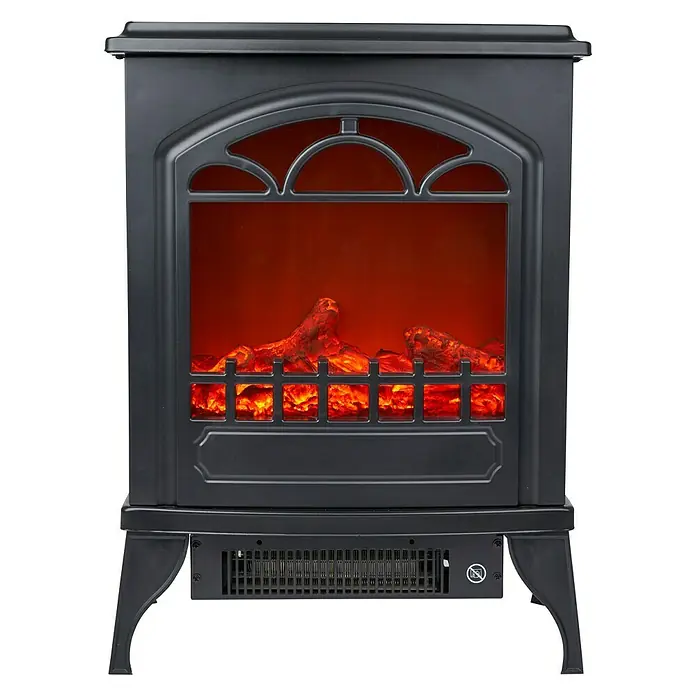 Voltomat HEATING Chimenea eléctrica Lisboa - 1.950 W, Negro, 24 x 39 x 56,5 cm - Primer plano de una chimenea eléctrica negra, que muestra un fuego simulado cálido con "troncos" brillantes.