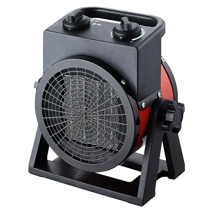 Voltomat HEATING Heizlüfter - 1.000 W - 2.000 W, Rot/Schwarz, 12,5 x 22,7 x 24 cm - Schwarzer und roter Keramik-Heizlüfter mit Gitter und Reglern. Das Gerät steht auf einem Standfuß. Kompakte Heizlösung für den Winter.