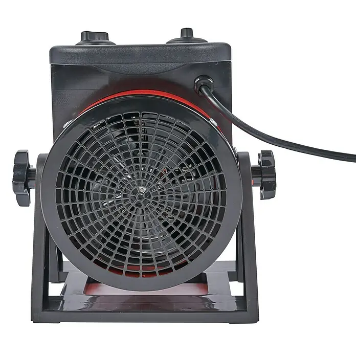 Voltomat HEATING Heizlüfter - 1.000 W - 2.000 W, Rot/Schwarz, 12,5 x 22,7 x 24 cm - Nahaufnahme eines schwarzen Heizlüfters mit rotem Akzent auf schwarzem Hintergrund.