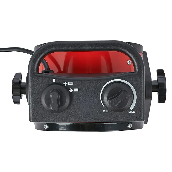 Voltomat HEATING Heizlüfter - 1.000 W - 2.000 W, Rot/Schwarz, 12,5 x 22,7 x 24 cm - Nahaufnahme einer roten Heizlüfter-Steuerung mit zwei Drehknöpfen zur Einstellung der Heizstufe und Temperatur.