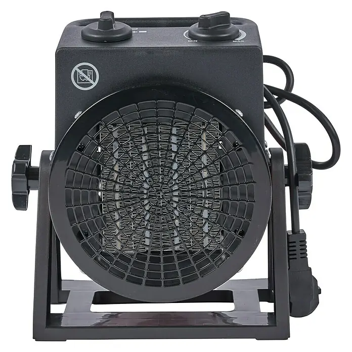 Voltomat HEATING Heizlüfter - 1.000 W - 2.000 W, Rot/Schwarz, 12,5 x 22,7 x 24 cm - Produktbild einer elektrischen Heizung mit einstellbaren Temperaturreglern und einem Schutzgitter.