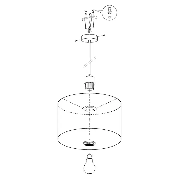 Eglo Pasteri Pendelleuchte rund - 60 W, Ø x H: 530 mm x 110 cm, Weiß, Nickel matt, E27 - Schema einer Hängeleuchte mit runder Stoffabdeckung, zeigt die Installation von Deckenhalterung, Kabeln, Fassung und Glühbirne.