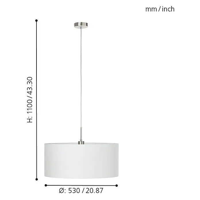 Eglo Pasteri Pendelleuchte rund - 60 W, Ø x H: 530 mm x 110 cm, Weiß, Nickel matt, E27 - Abbildung einer weißen Pendelleuchte mit Maßangaben. Das Produkt ist modern und stilvoll für das Interieur.