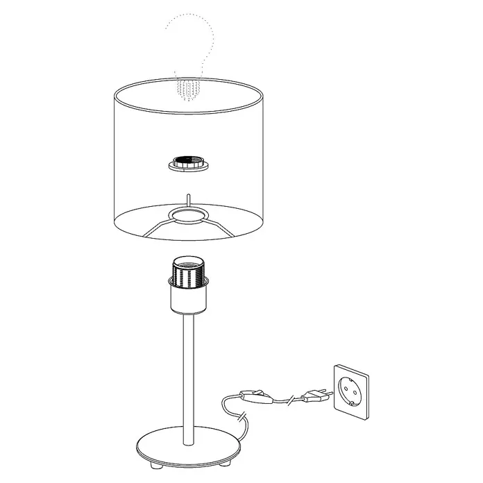 Eglo Pasteri Tischleuchte rund - 60 W, Ø x H: 180 mm x 40 cm, Nickel matt, Grau matt, E27 - Eine Schemazeichnung einer modularen Tischlampe mit rundem Lampenschirm, die die Montage der Lampe zeigt.