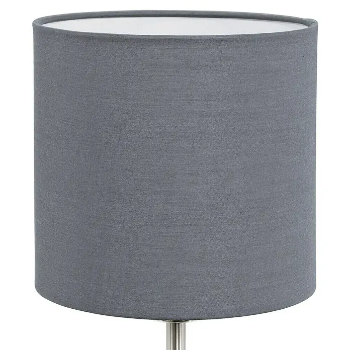Eglo Pasteri Tischleuchte rund - 60 W, Ø x H: 180 mm x 40 cm, Nickel matt, Grau matt, E27 - Nahaufnahme eines zylindrischen Lampenschirms aus grauem Stoff, der ein schlichtes und modernes Design zeigt.