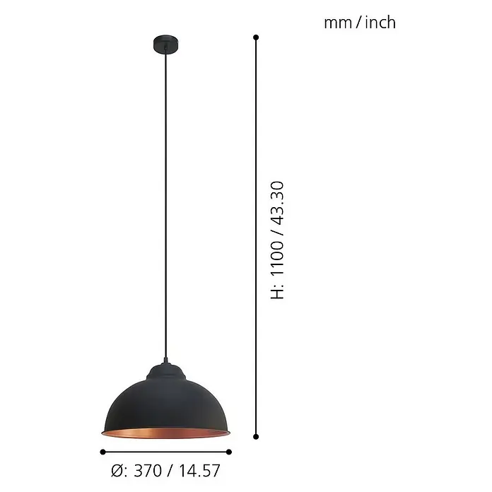 Eglo Pendelleuchte rund - Schwarz/Kupfer - Abbildung einer schwarzen Hängelampe mit den Maßen 1100/43.30 Höhe und 370/14.57 Durchmesser.