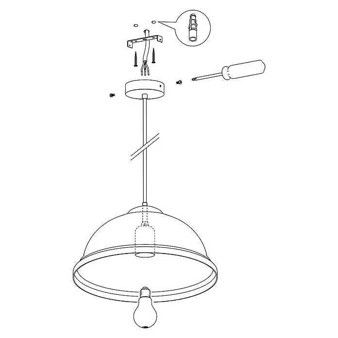 Eglo Pendelleuchte rund - Höhe: 110 cm, Kupfer - Illustration einer Hängelampe mit Montagedetails, die die Installation und die Bestandteile der Lampe hervorheben.