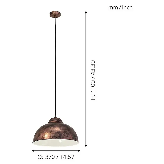 Eglo Pendelleuchte rund - Höhe: 110 cm, Kupfer - Das Bild zeigt eine Hängelampe mit einem Durchmesser von 370 mm und einer Höhe von 1100 mm. Die Lampe ist in Kupferfarben gehalten.