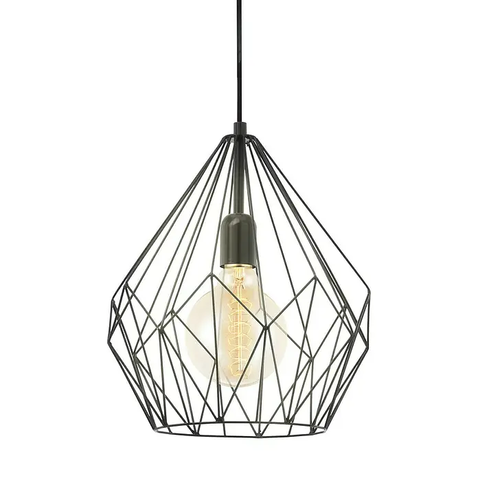 Eglo Pendelleuchte rund Carlton - Höhe: 110 cm, Schwarz - Draufsicht einer modernen Pendelleuchte mit geometrischem Design und Edison-Glühbirne vor einem weißen Hintergrund.