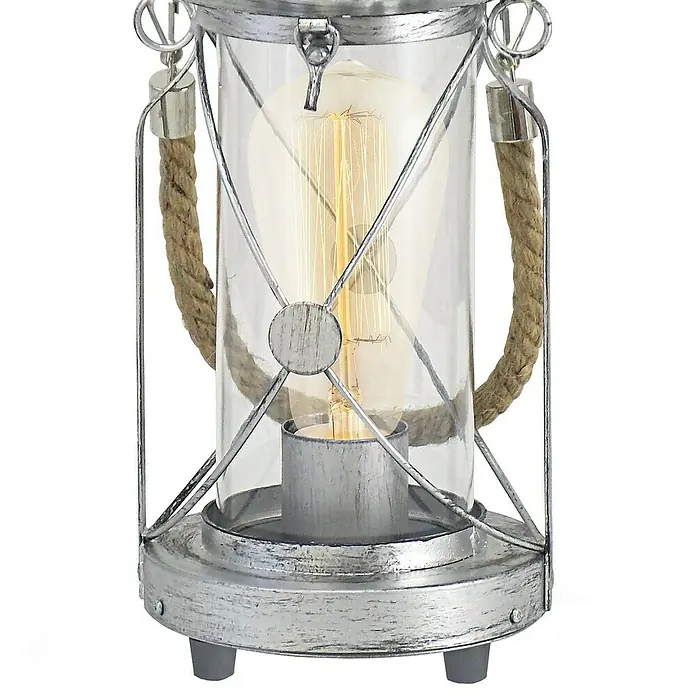 Eglo Tischleuchte Bradford - 60 W, Silber, Ø x H: 14 x 33 cm - Elegante Tischleuchte im Vintage-Stil mit Glaskolben und dekorativem Seilgriff, die jedem Raum einen Hauch von rustikalem Charme verleiht.