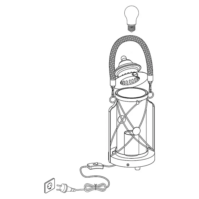 Eglo Tischleuchte Bradford - 60 W, Silber, Ø x H: 14 x 33 cm - Illustration einer Laternenlampe mit Kabel, Schalter, Stecker und Glühbirne. Das ideale Lichtelement für eine gemütliche Atmosphäre.