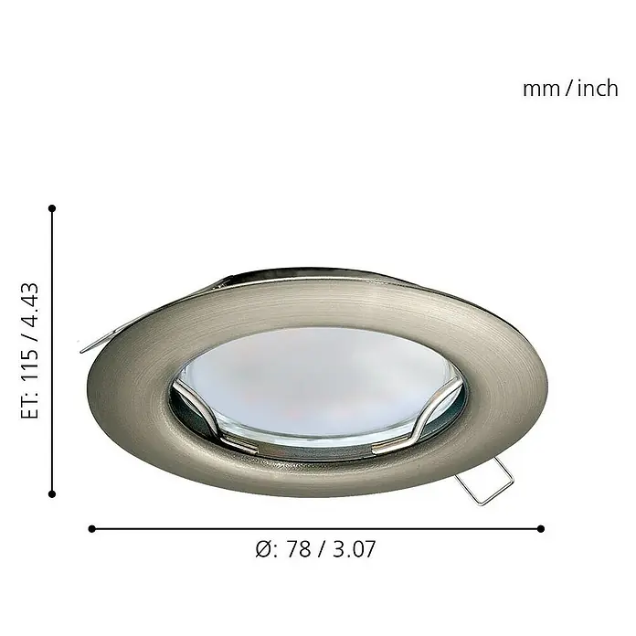 Eglo LED-Einbauleuchten-Set Peneto - 9 W, L x B x H: 7,8 cm x 7,8 cm x 11,5 mm, Chrom, 3 Stk., Warmweiß - Produktbild eines runden Einbaustrahlers in gebürstetem Nickel mit Maßangaben in Millimeter und Zoll.