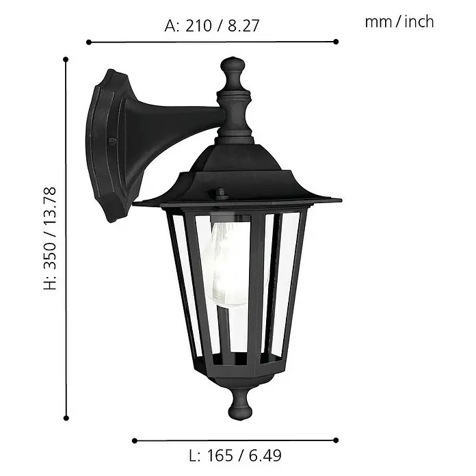 Eglo Laterna 4 Außenwandleuchte - 60 W, Schwarz, IP44, Abwärts - Nahaufnahme einer schwarzen Außenwandleuchte mit dekorativen Elementen und Maßangaben für Höhe, Länge und Breite in mm/Zoll.
