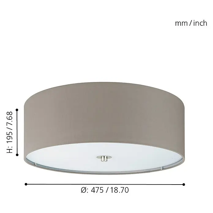 Eglo Pasteri Deckenleuchte rund - 180 W, Farbe Schirm: Taupe, Weiß, E27 - Abbildung einer Deckenleuchte mit den Maßen Höhe 195 mm/7,68 Zoll und Durchmesser 475 mm/18,70 Zoll.