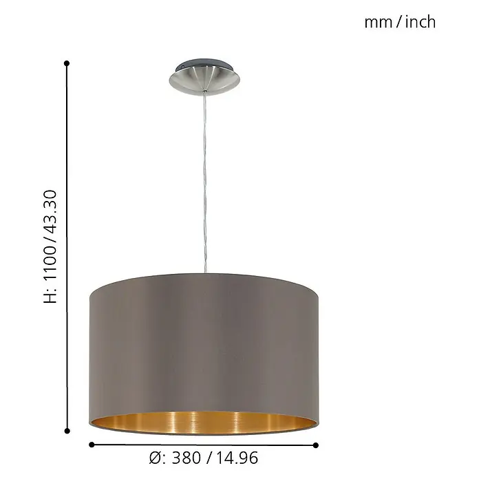 Eglo Maserlo Pendelleuchte rund - Braun, Gold, Höhe: 110 cm, Durchmesser: 380 mm - Abbildung einer grauen Pendelleuchte mit goldenem Interieur und Maßangaben.