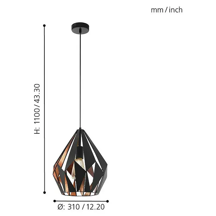 Eglo Carlton 1 Pendelleuchte rund - Höhe: 110 cm, Farbe Gehäuse: Kupfer/Schwarz - Elegante Pendelleuchte mit geometrischem Design. Die Lampe ist in Schwarz gehalten und hat Kupferfarbene Akzente, die für einen modernen Look sorgen.