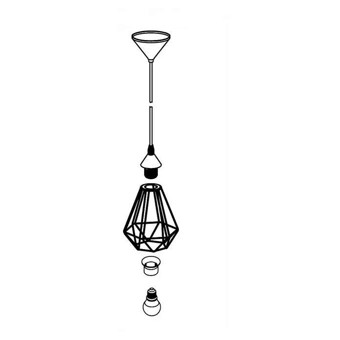 Eglo Tarbes Pendelleuchte rund - Schwarz, Höhe: 110 cm, Durchmesser: 175 mm - Abbildung einer zerlegten geometrischen Pendelleuchte mit dekorativem Lampenschirm, Halterung und Glühbirne für moderne Innenräume.