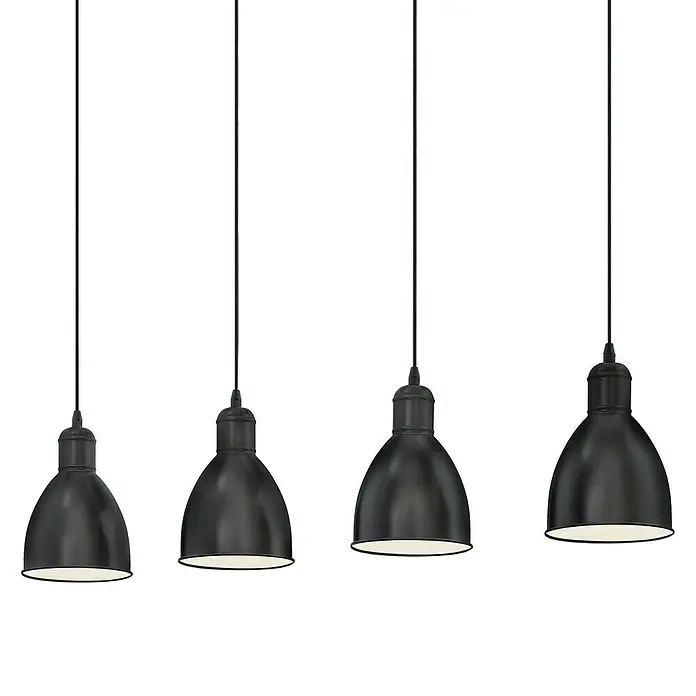 Eglo Priddy Pendelleuchte - Schwarz, Weiß, Höhe: 110 cm - Eine Reihe von vier schwarzen Hängelampen mit einem industriellen Design und einem hellen Innenteil, ideal für moderne Wohnräume.