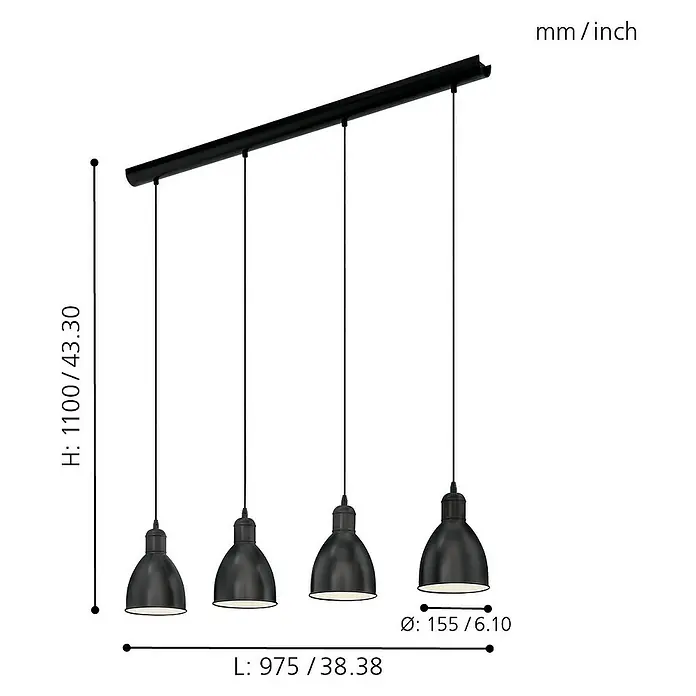 Eglo Priddy Pendelleuchte - Schwarz, Weiß, Höhe: 110 cm - Abbildung einer schwarzen Hängeleuchte mit vier Lampen und Maßangaben.