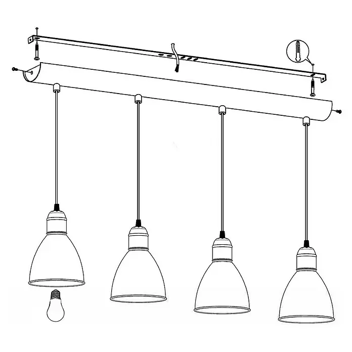 Eglo Priddy Pendelleuchte - Schwarz, Weiß, Höhe: 110 cm - Abbildung einer Hängelampe mit vier Leuchten, ideal für Esszimmer oder Kücheninseln, mit Befestigungsdetails.