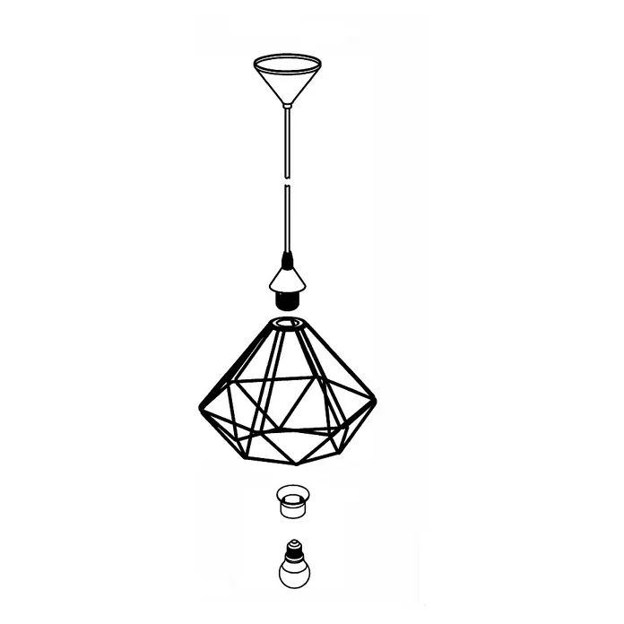 Eglo Tarbes Pendelleuchte rund - Schwarz, Höhe: 110 cm, Durchmesser: 325 mm - Explosionszeichnung einer geometrischen Pendelleuchte mit Metallsockel, Zuleitung und Deckenbefestigung für eine moderne Raumbeleuchtung.