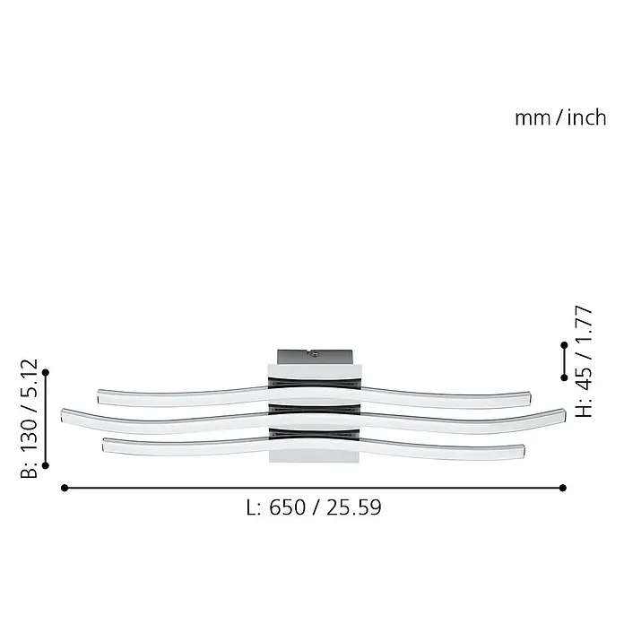 Eglo LED-Wand- & Deckenleuchte Roncade - 26 W, L x B x H: 65 x 13 x 4,5 cm, Chrom, Warmweiß - Produktbild einer modernen Deckenleuchte mit den Maßen Breite 130mm, Länge 650mm und Höhe 45mm.