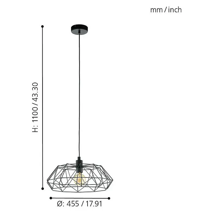 Eglo Pendelleuchte rund Carlton 2 - Höhe: 110 cm, Schwarz - Abbildung einer schwarzen Draht-Pendelleuchte mit den Maßen 1100/43.30 mm in der Höhe und 455/17.91 mm im Durchmesser.