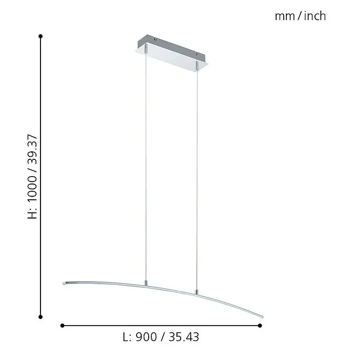 Eglo Style LED-Pendelleuchte Lasana - L x H: 90 x 100 cm - Bild einer modernen LED-Pendelleuchte mit silberner Oberfläche und Abmessungen in mm/Zoll.