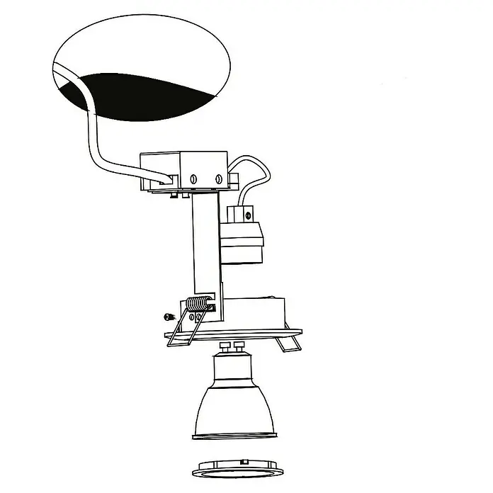 Eglo LED-Einbauleuchten-Set rund Tedo - 15 W, Ø x H: 8 x 11,5 cm, Nickel matt, 3 Stk., Warmweiß - Skizze einer Deckenleuchte mit sichtbaren inneren Komponenten. Die Konstruktion zeigt Details des Leuchtmittels und der Halterung.