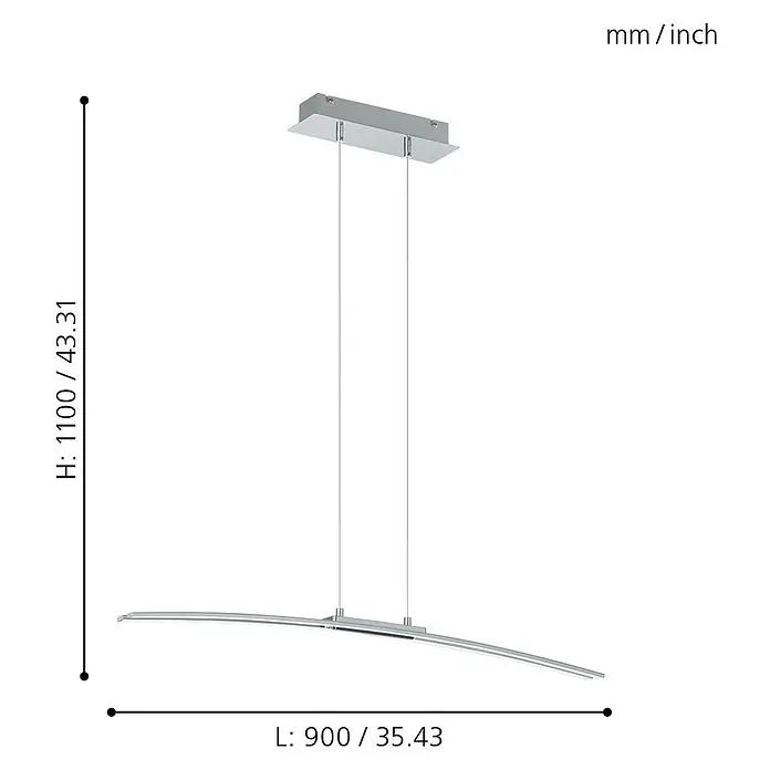 Eglo LED-Pendelleuchte Lasana - Höhe: 110 cm - Abbildung einer Hängelampe mit den Maßen 1100/43,31 mm Höhe und 900/35,43 mm Länge.