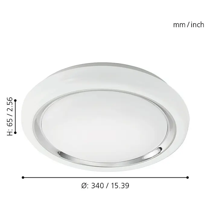 Eglo LED-Deckenleuchte Capasso - 18 W, Weiß, Chrom - Abbildung einer runden Deckenleuchte mit den Maßen 65/2,56 mm Höhe und einem Durchmesser von 340/15,39 mm.