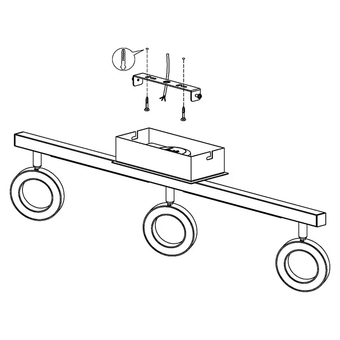 Eglo LED-Deckenstrahler Cardillio 1 - 16,5 W, Chrom, Warmweiß - Skizze einer dreiflammigen LED-Deckenleuchte mit rechteckiger Halterung und Installationsdetails, ideal für moderne Innenräume.