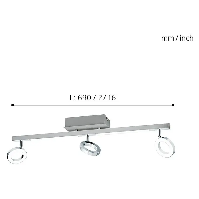 Eglo LED-Deckenstrahler Cardillio 1 - 16,5 W, Chrom, Warmweiß - Produktbild einer modernen LED-Deckenleuchte mit drei runden Strahlern in Chromoptik. Die Länge ist mit 690 mm angegeben.