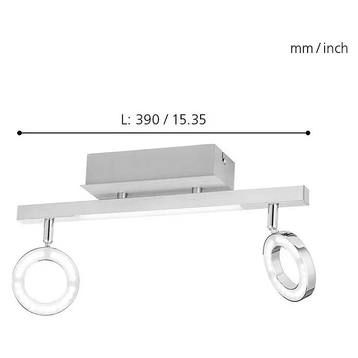 Eglo LED-Wandstrahler Cardillio 1 - 9,7 W, Chrom, Warmweiß, 2 Stk. - Das Bild zeigt eine moderne LED-Deckenleuchte in Silber mit zwei runden Strahlern. Die Länge der Leuchte beträgt 390 mm bzw. 15.35 Zoll.