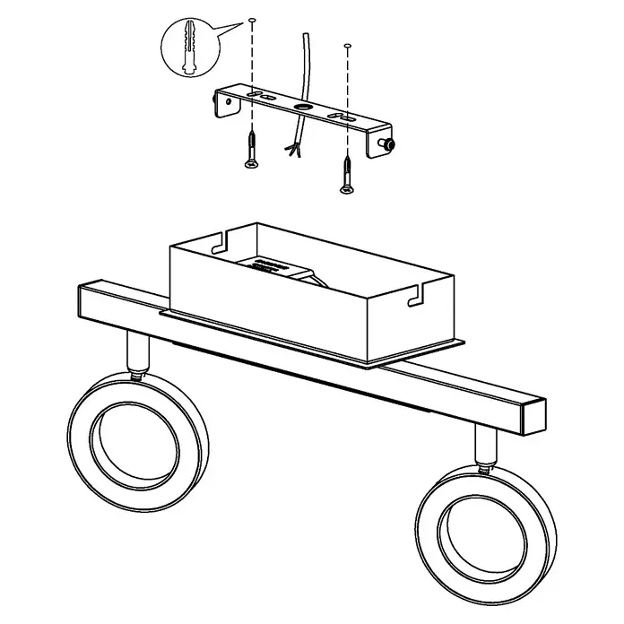 Eglo LED-Wandstrahler Cardillio 1 - 9,7 W, Chrom, Warmweiß, 2 Stk. - Abbildung einer Deckenleuchte mit zwei runden Leuchtenköpfen und Montageanleitung, ideal für moderne Innenräume.
