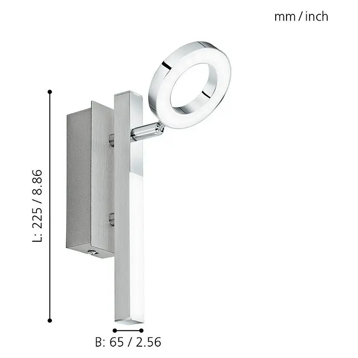 Eglo LED-Wandstrahler Cardillio 1 - Chrom, Warmweiß, 1 Stk. - Abbildung einer modernen LED-Wandleuchte in Silber mit kreisförmigem Design und Maßangaben.