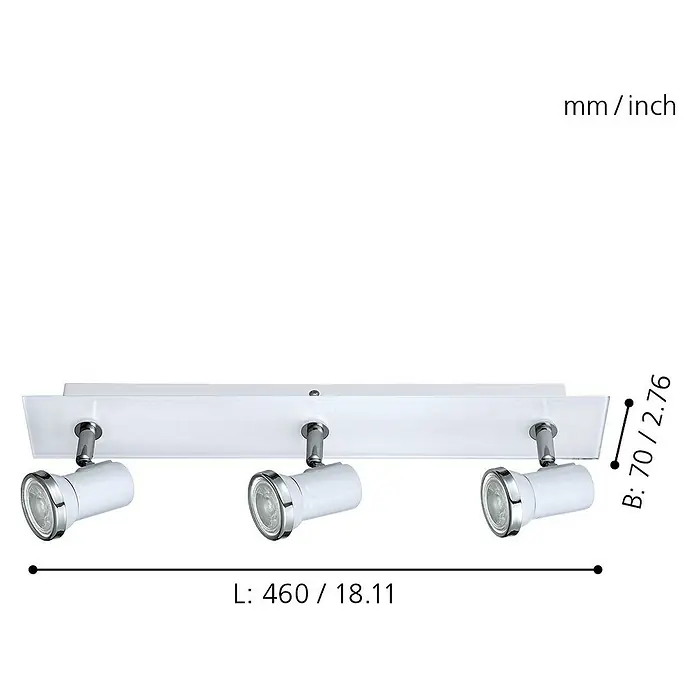 Eglo LED-Deckenstrahler Tamara 1 - 9 W, Weiß, Warmweiß - Das Bild zeigt eine weiße 3-flammige Deckenleuchte mit Chromdetails und Maßangaben.