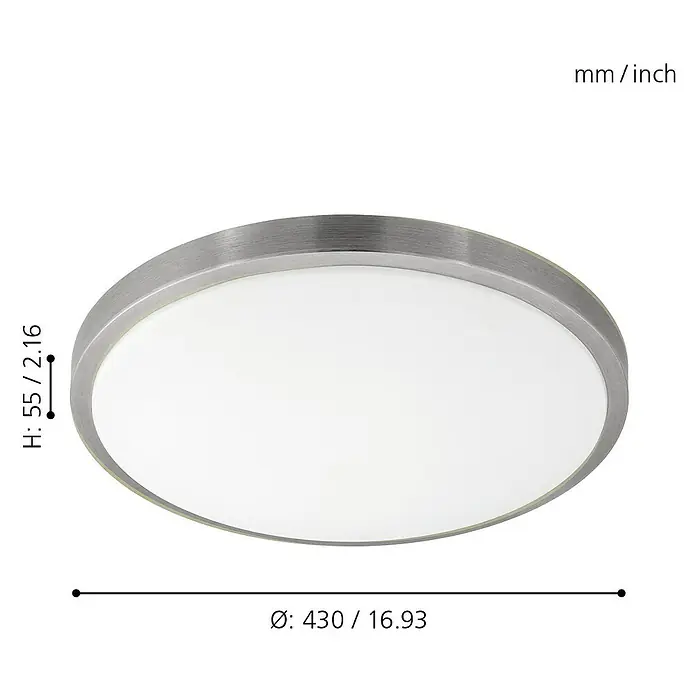 Eglo LED-Wand- & Deckenleuchte Competa 1 - 24 W, Weiß/Silber, 430 mm - Abbildung einer runden Deckenleuchte mit silbernem Rahmen und Abmessungen (Höhe: 55 mm, Durchmesser: 430 mm).